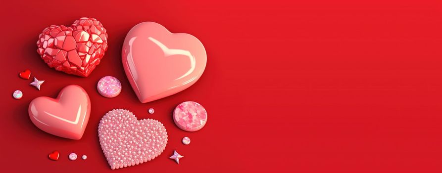 Valentine's Day 3D Heart Illustration Objects and Crystal Diamond Background Design