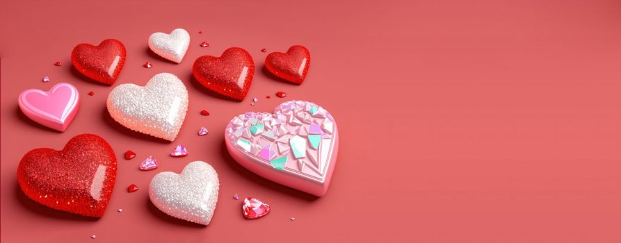 Valentine's Day 3D Heart Illustration Objects and Crystal Diamond Background Design