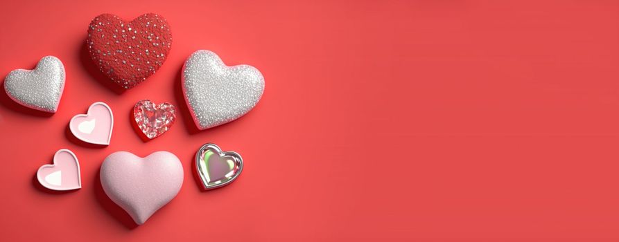 Valentine's Day 3D Heart Illustration Objects and Crystal Diamond Background Design