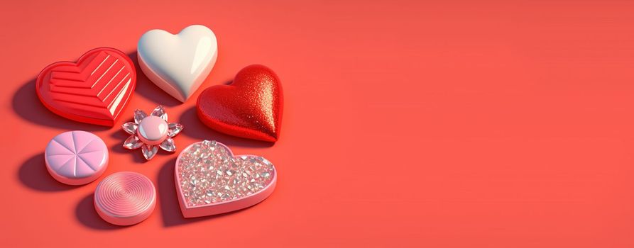 Valentine's Day 3D Heart Illustration Objects and Crystal Diamond Background Design