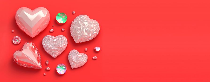 3D illustration of heart like crystal diamond for valentine's day banner and background