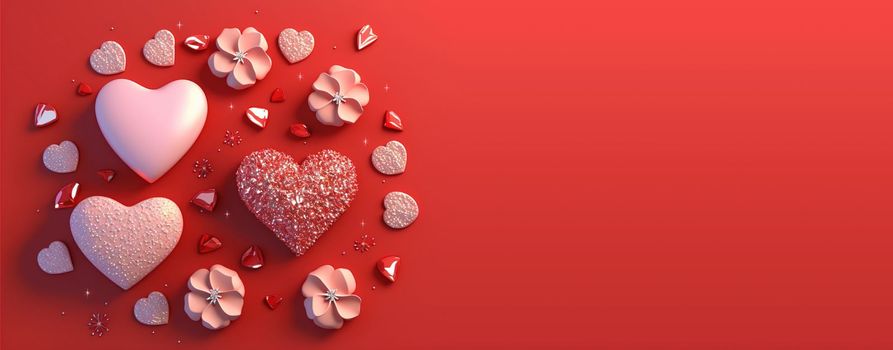 Valentine's Day 3D Heart Crystal Diamond Illustration for Banner and Background