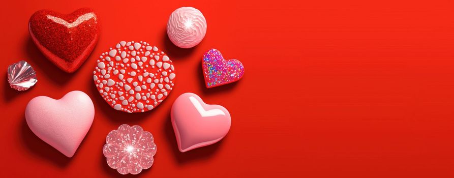 3D Heart Shape, Diamond, and Crystal Composition for Valentine's Day Banner and Background