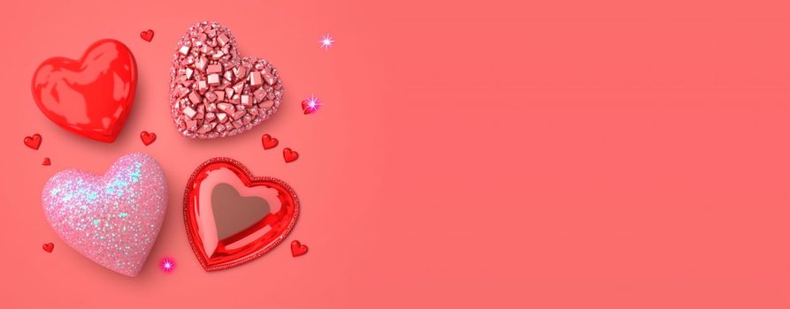 Valentine's Day 3D Heart Crystal Diamond Illustration for Banner and Background