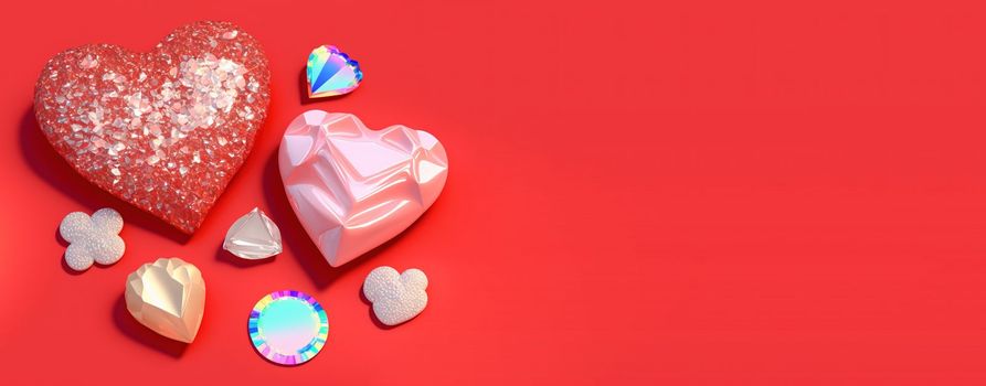3D Heart Shape, Diamond, and Crystal Composition for Valentine's Day Banner and Background