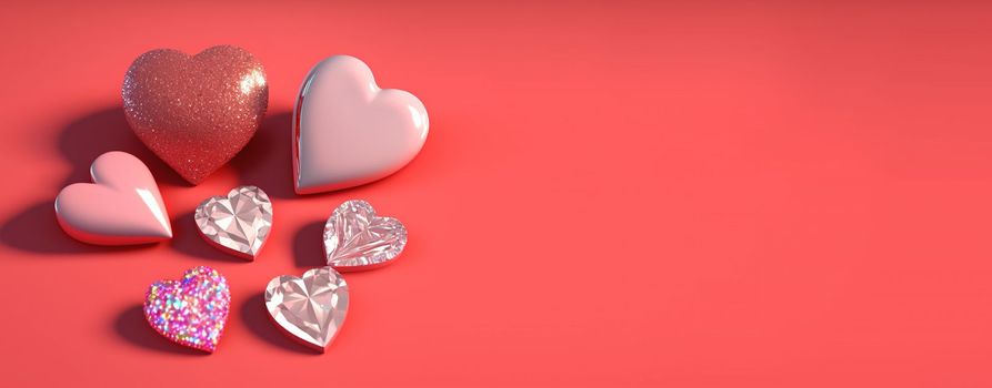 Valentine's Day 3D Heart Crystal Diamond Illustration for Banner and Background