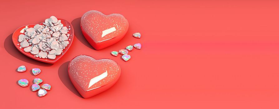 Valentine's Day Crystal Diamond Heart 3D Illustration for Banner and Background