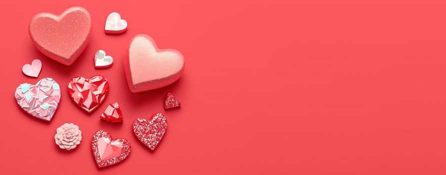 Gleaming 3D Heart, Diamond, and Crystal Illustration for Valentine's Day Banner