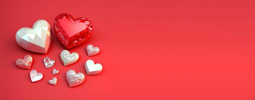 Gleaming 3D Heart, Diamond, and Crystal Illustration for Valentine's Day Banner