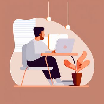 A simple illustration of a developer sitting at a laptop. High quality illustration