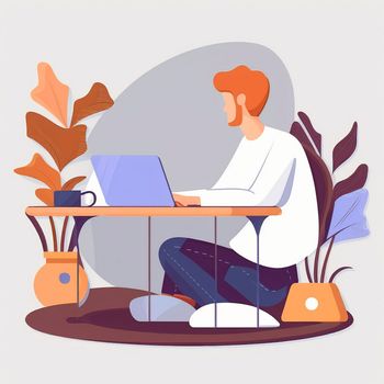 A simple illustration of a developer sitting at a laptop. High quality illustration