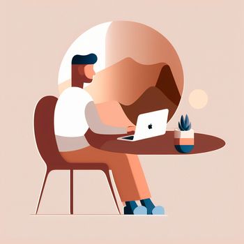 A simple illustration of a developer sitting at a laptop. High quality illustration