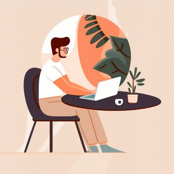 A simple illustration of a developer sitting at a laptop. High quality illustration