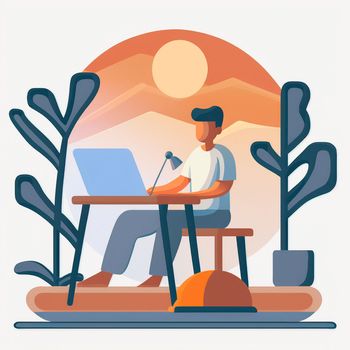 A simple illustration of a developer sitting at a laptop. High quality illustration