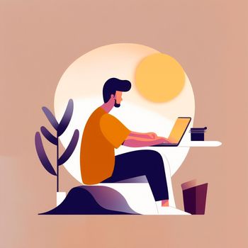 A simple illustration of a developer sitting at a laptop. High quality illustration