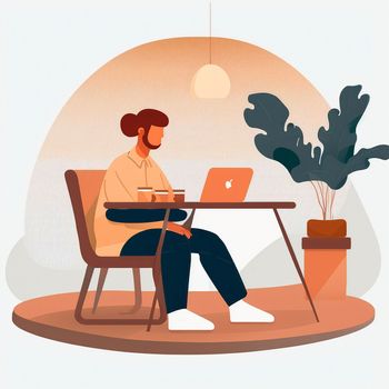 A simple illustration of a developer sitting at a laptop. High quality illustration