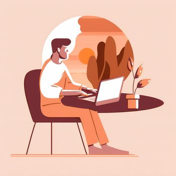 A simple illustration of a developer sitting at a laptop. High quality illustration