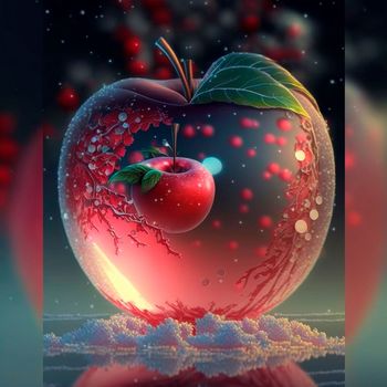 Illustration of a frosty red apple with various inlays inside it. High quality illustration