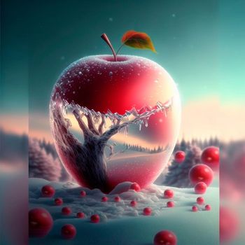 Illustration of a frosty red apple with various inlays inside it. High quality illustration