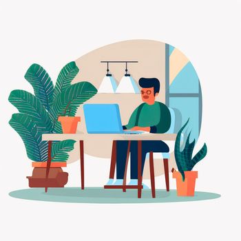 A simple illustration of a developer sitting at a laptop. High quality illustration