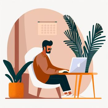 A simple illustration of a developer sitting at a laptop. High quality illustration