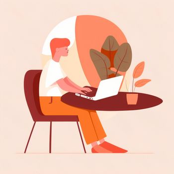 A simple illustration of a developer sitting at a laptop. High quality illustration