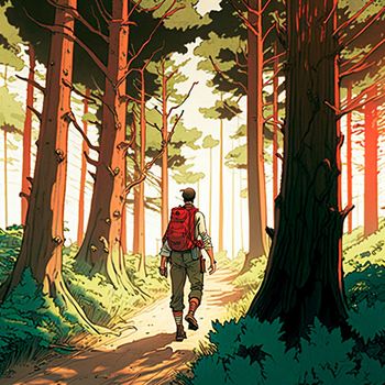 Illustration of a traveler walking in the forest. High quality illustration