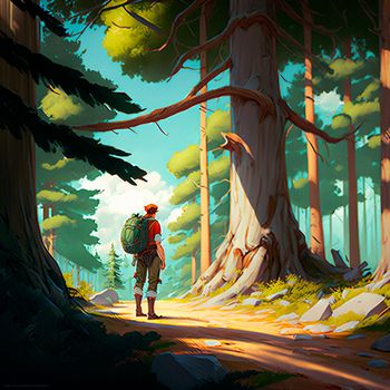 Illustration of a traveler walking in the forest. High quality illustration