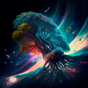 Magic colorful tree in space flying through space. High quality illustration