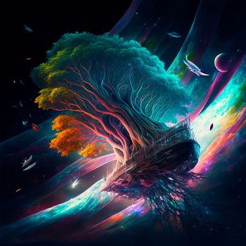 Magic colorful tree in space flying through space. High quality illustration