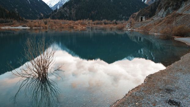 Issyk mountain lake with mirror water at sunset. The color of the water changes before our eyes. There are trees in clear water. Snowy mountains and green hills are visible. Clouds are reflected