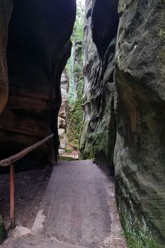 View of the passage between two rocks in the mountains. Hiking, active recreation