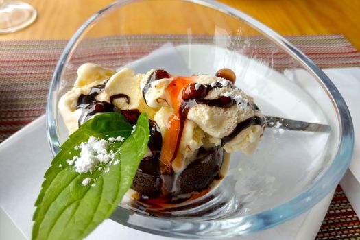 Close-up of ice cream with chocolate in glass form