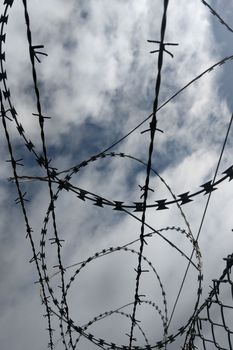 Iron barbed wire against the blue sky. Protection. Barrier. The concept of freedom