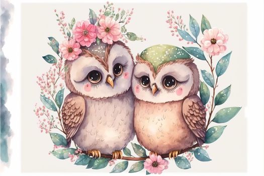 Cute little owl in love on romantic Valentine's day hand drawn cartoon style. Generative AI Generative AI