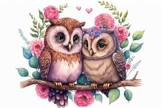 Cute little owl in love on romantic Valentine's day hand drawn cartoon style. Generative AI Generative AI
