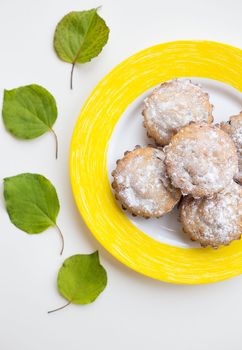 Beautiful cakes with powdered sugar on a yellow plate