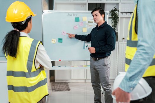 A team of investor and competent engineers brainstorming on the whiteboard to find new ideas and making plans. The idea of a team gather ideas together.