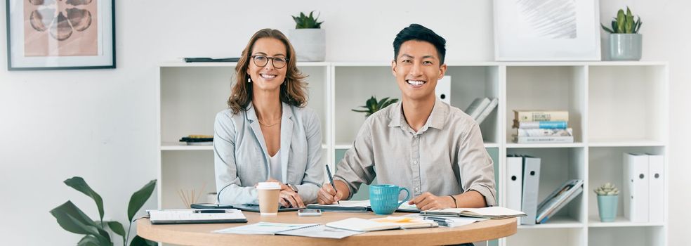 Portrait, teamwork and business people planning strategy in office. Collaboration, cooperation or man and woman sitting together at desk writing report, sales proposal or working on marketing project.