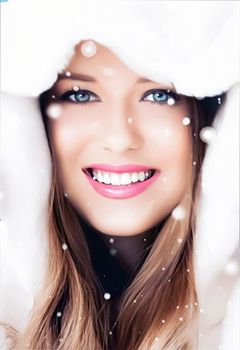Happy holidays, beauty and winter fashion, beautiful woman wearing white fluffy fur coat, snowing snow as Christmas, New Year and holiday lifestyle portrait style