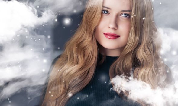 Winter beauty, Christmas time and happy holidays, beautiful woman with long hairstyle and natural make-up behind frozen window, snowing snow design as xmas, New Year and holiday lifestyle portrait style