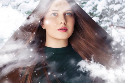 Winter beauty, Christmas time and happy holidays, beautiful woman with long hairstyle and natural make-up in snowy forest, snowing snow design as xmas, New Year and holiday lifestyle portrait style