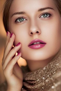 Beauty, makeup and glamour, face portrait of beautiful woman with manicure and purple lipstick make-up wearing gold for luxury cosmetics, style and fashion look