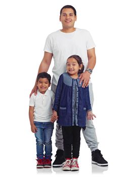 Family, happy portrait and children with their father in studio for happiness, love and care. Smile of a man and kids isolated on a white background for bonding time, support and belonging or trust.