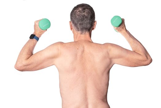 Senior man with naked back exercising with arm or hand weights and isolated against white background