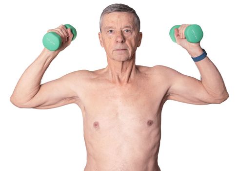 Senior man with naked chest exercising with arm or hand weights and isolated against white background