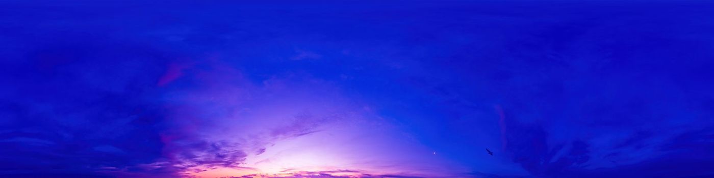 Dark blue magenta sunset sky panorama with pink Cumulus clouds. Seamless hdr 360 pano in spherical equirectangular format. Full zenith for 3D visualization, game, sky replacement for aerial drone panoramas.