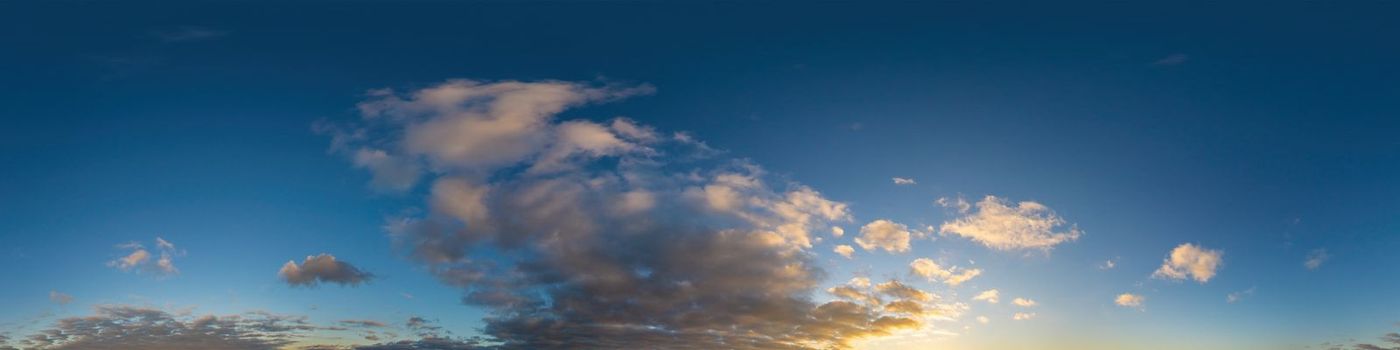 Dark blue sunset sky panorama with pink Cumulus clouds. Seamless hdr 360 pano in spherical equirectangular format. Full zenith for 3D visualization, game, sky replacement for aerial drone panoramas