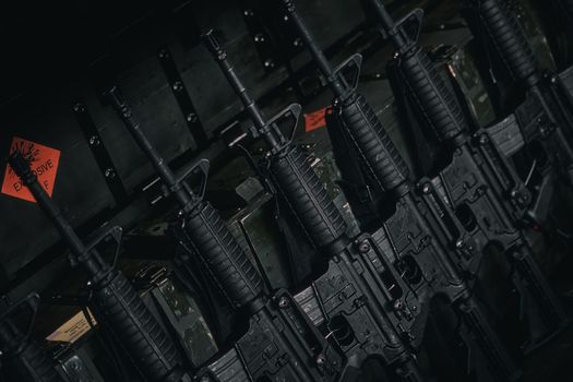 AR-15 type semi-automatic rifles, XM 15 - E2S produced by Bushmaster Firearms International, LLC, AR-15 Caliber 223 Remington - 5.56 45mm NATO. Gun background for gun fans. 19.08.2022 Moscow, Russia.