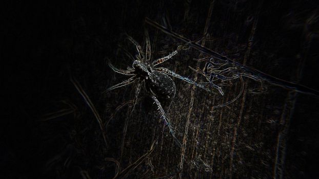 Creepy abstract spider on an old wooden board black background. Macrophotography.Texture or background.Selective focus.